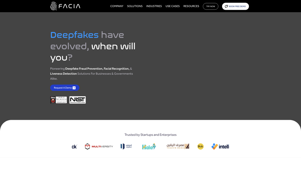 Facia | Fastest Face Recognition with 3D Liveness Detection site's screenshot