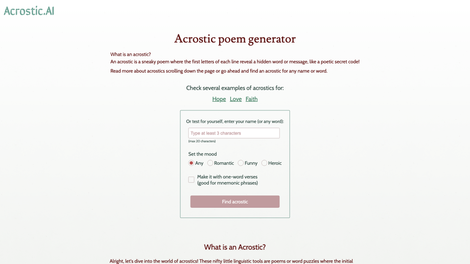 Acrostic poem generator site's screenshot