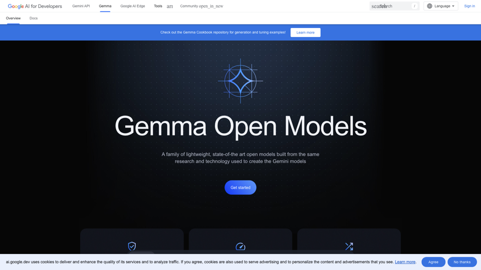 Google AI Gemma open models | Google for Developers  |  Google AI for Developers site's screenshot