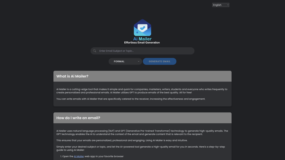 Ai Mailer | Effortless Free Email Generation, Powered By ChatGPT site's screenshot
