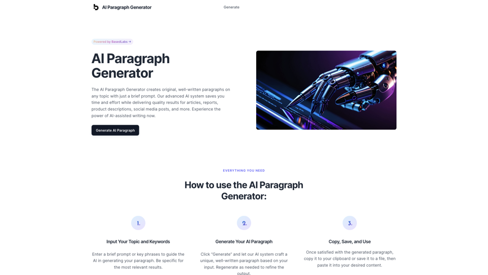 AI Paragraph Generator – Quickly generate paragraphs on any topic with our state of the art AI Paragraph Generator site's screenshot