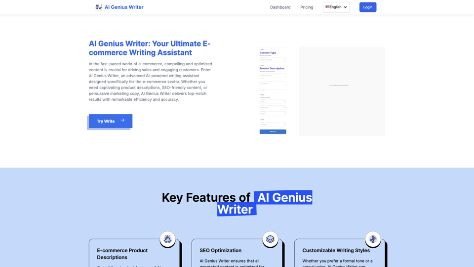 AI Genius Writer Assistant: E-commerce SEO content generator site's screenshot