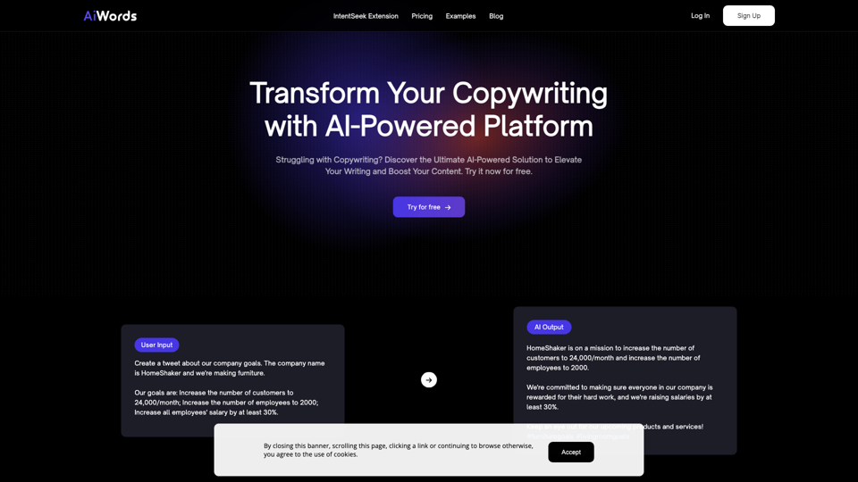 AiWords - Discover the Power of AI-Generated Copies site's screenshot