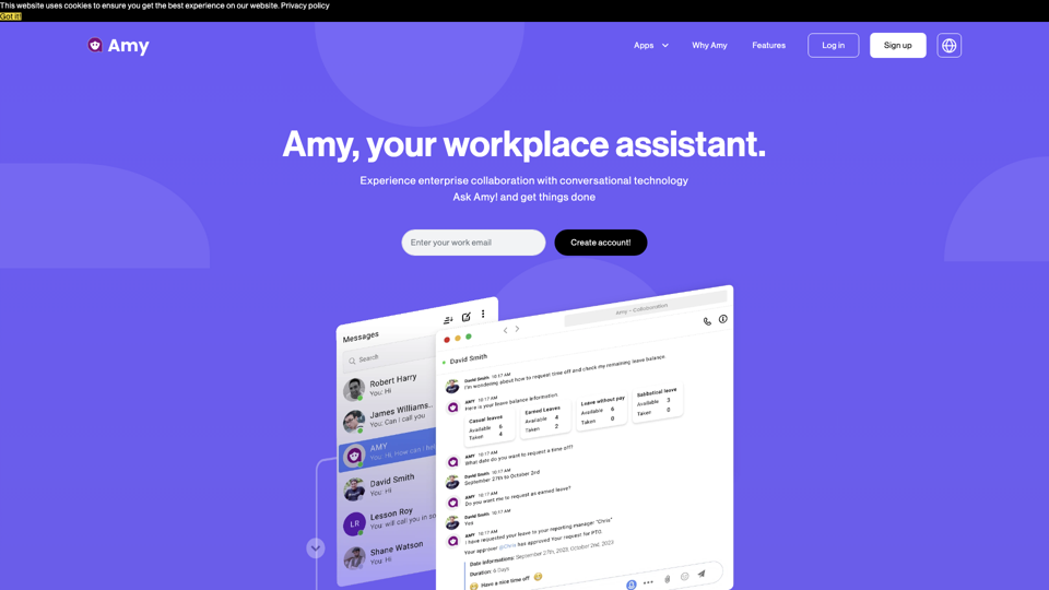Amy, your workplace assistant | Enterprise Collaboration site's screenshot