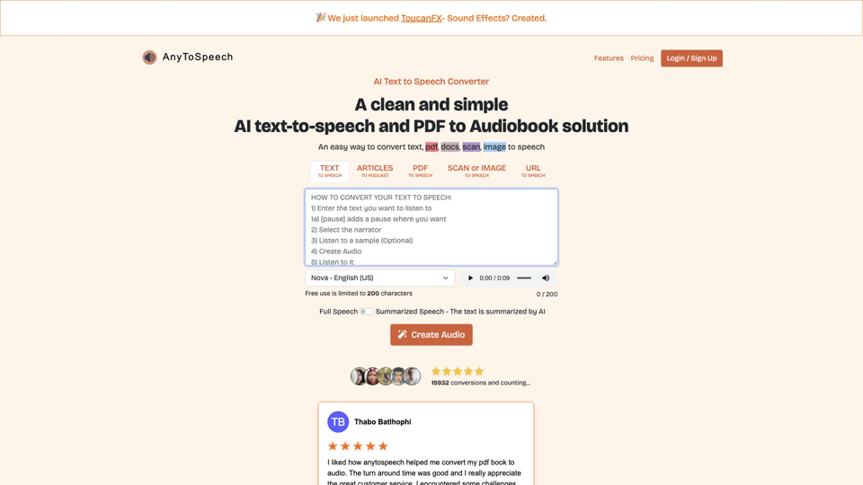 AI Text to Speech Online Converter with Realistic Voices | AnyToSpeech site's screenshot