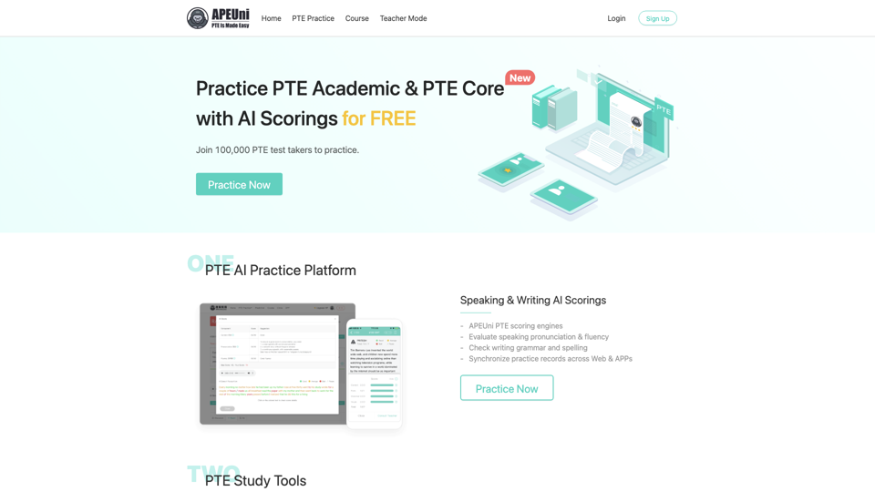 Practice PTE with AI Scorings - PTE APEUni site's screenshot