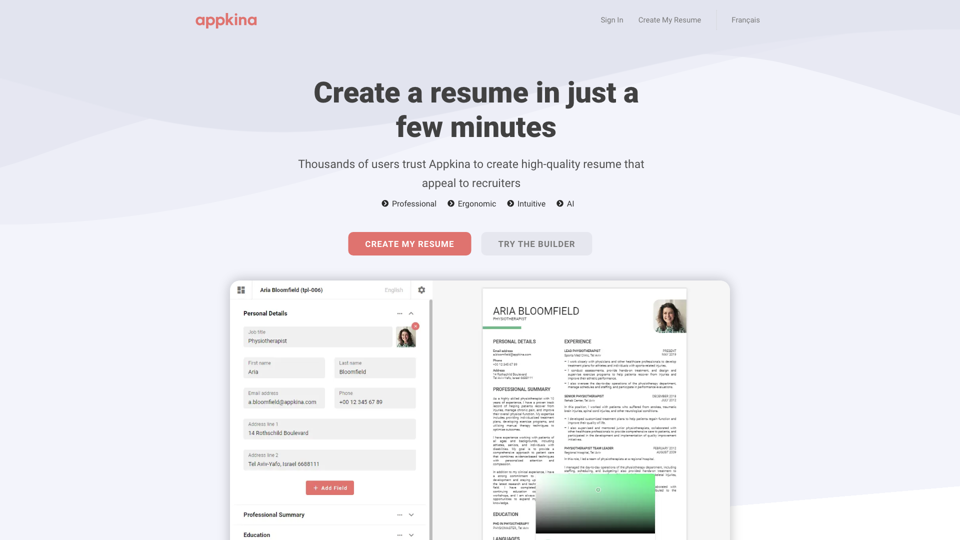 Create the perfect resume in just a few minutes site's screenshot