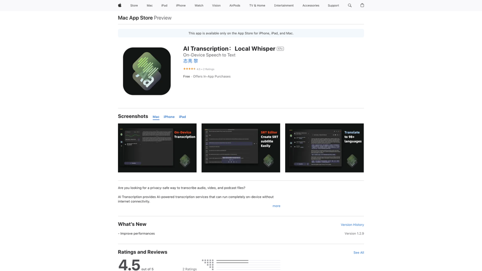 AI Transcription：Local Whisper on the App Store site's screenshot