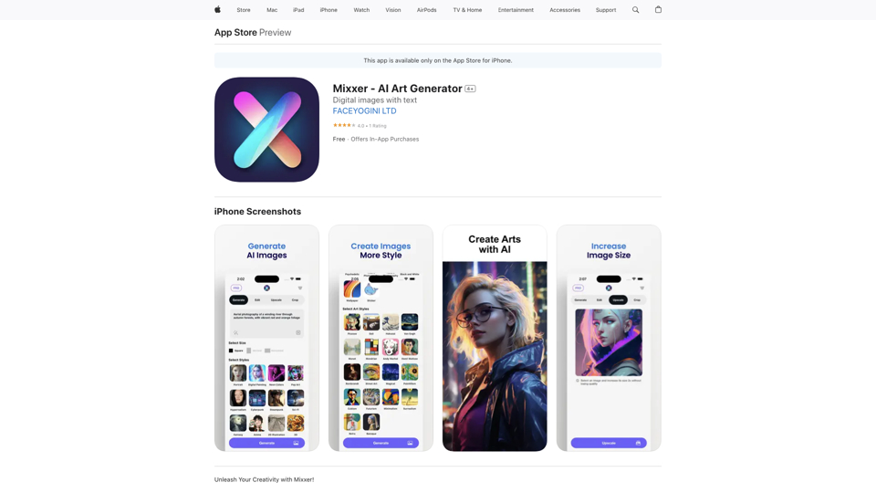 Mixxer - AI Art Generator on the App Store site's screenshot