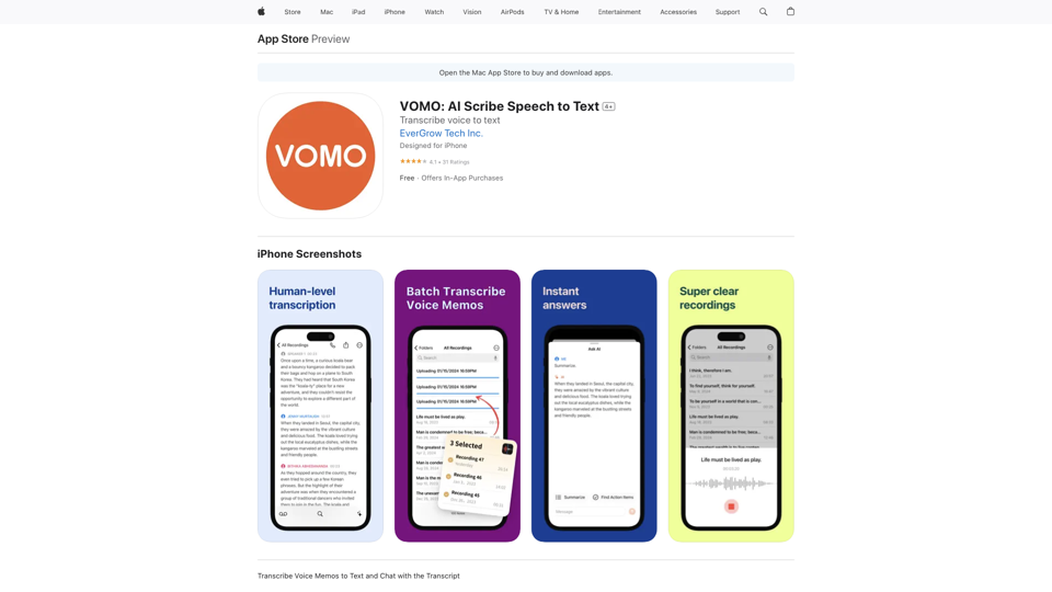 VOMO: AI Scribe Speech to Text on the App Store site's screenshot