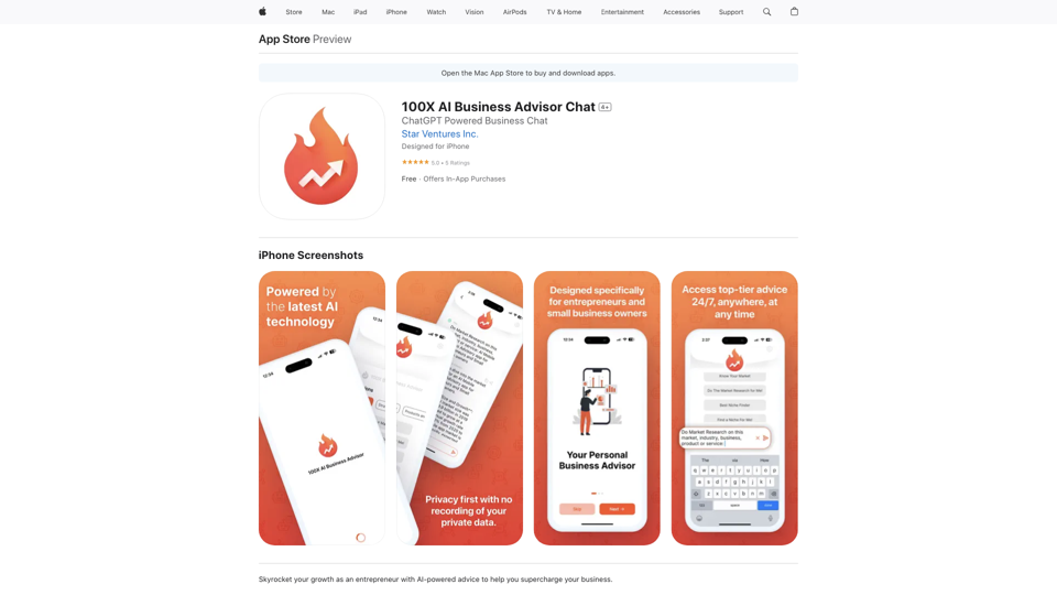 100X AI Business Advisor Chat on the App Store site's screenshot