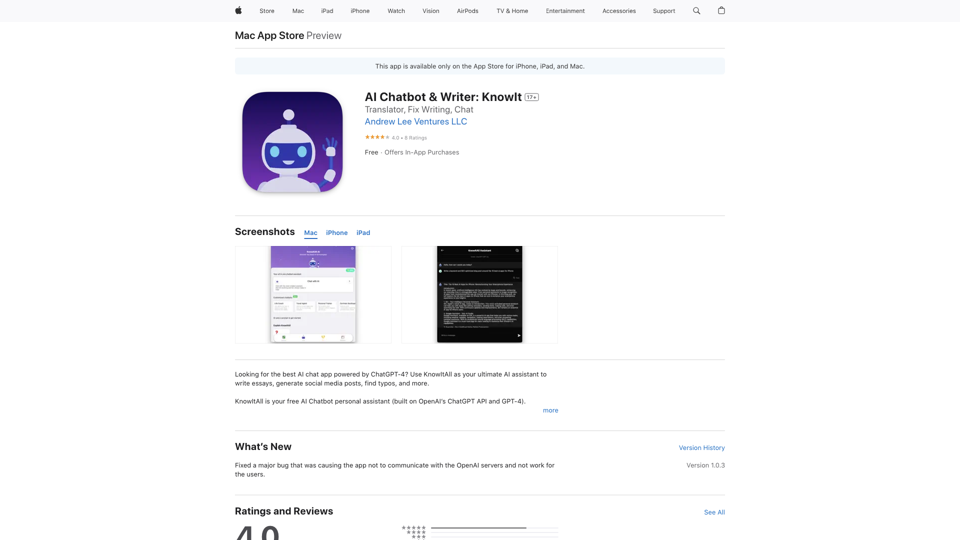 AI Chatbot & Writer: KnowIt on the App Store site's screenshot