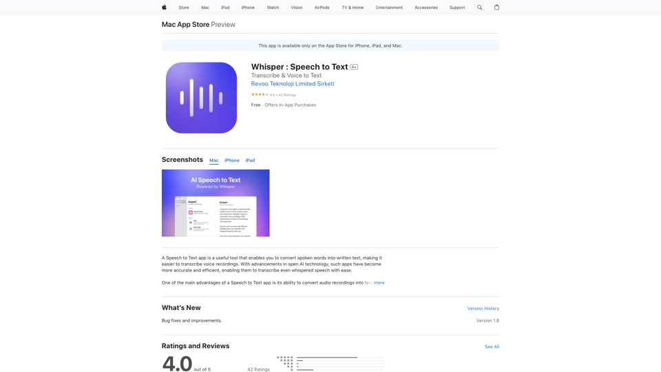 Whisper : Speech to Text on the App Store site's screenshot