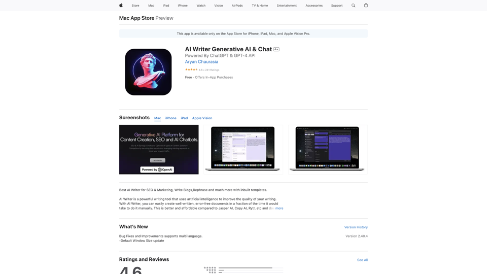 AI Writer Generative AI & Chat on the App Store site's screenshot