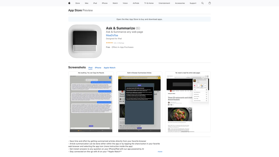 Ask & Summarize on the App Store site's screenshot