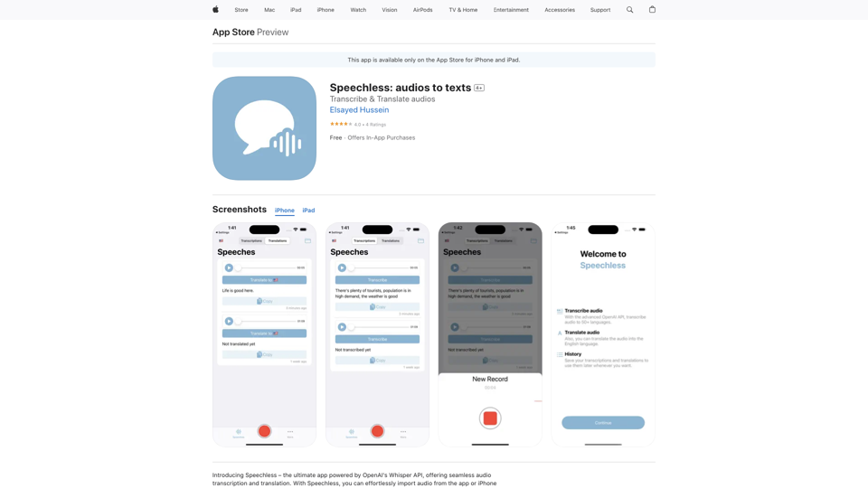 Speechless: audios to texts on the App Store site's screenshot