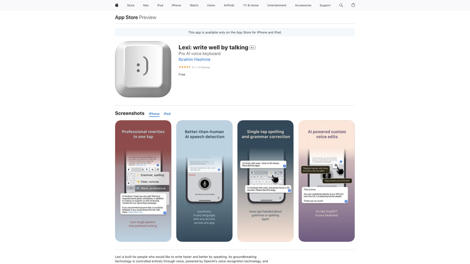 Lexi: write well by talking on the App Store site's screenshot