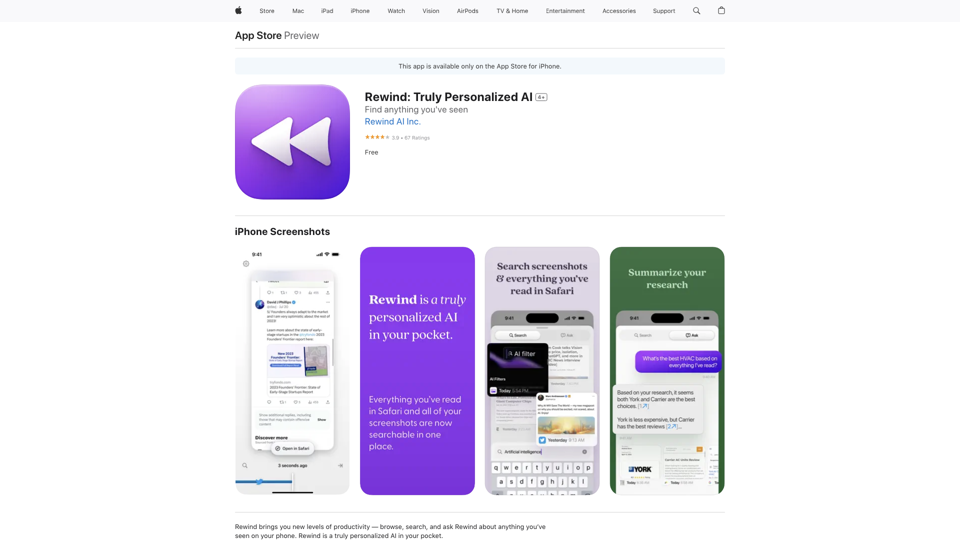 Rewind: Truly Personalized AI on the App Store site's screenshot