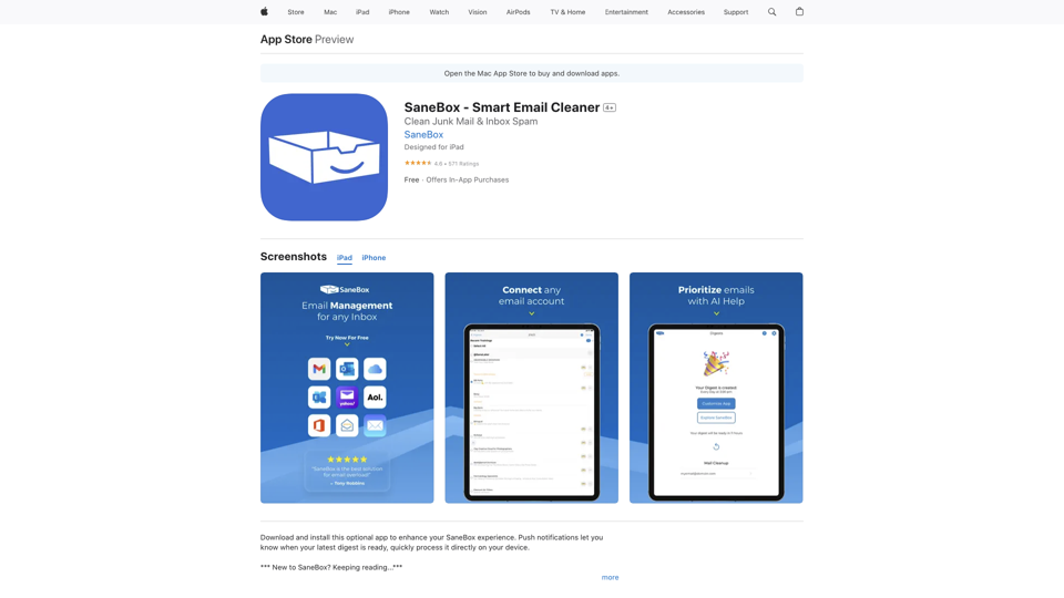 SaneBox - Smart Email Cleaner on the App Store site's screenshot