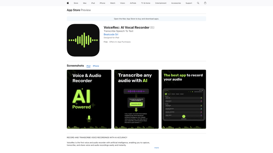 VoiceRec: AI Vocal Recorder on the App Store site's screenshot