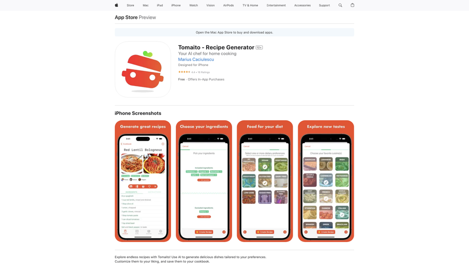 Tomaito - Recipe Generator on the App Store site's screenshot