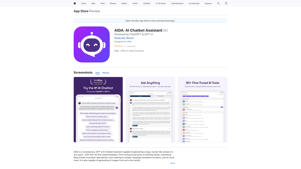 AIDA: AI Chatbot Assistant on the App Store site's screenshot