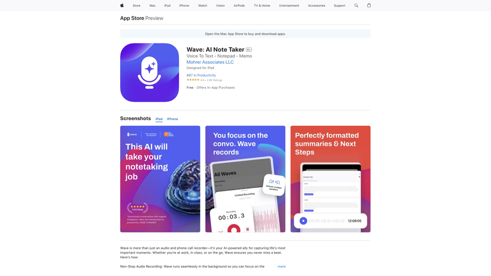 Wave: AI Note Taker on the App Store site's screenshot