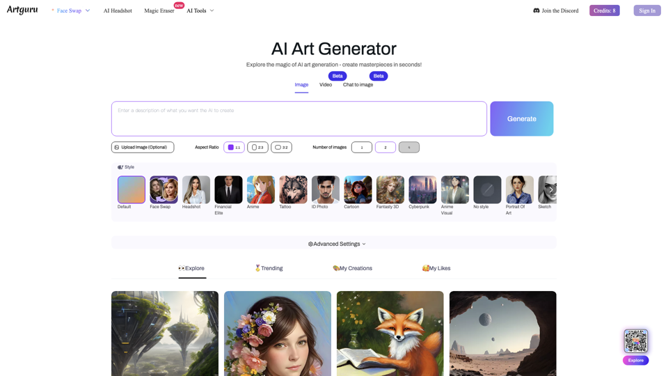 Artguru - Free Online AI Art Generator: Create AI Art from Text & Photo site's screenshot