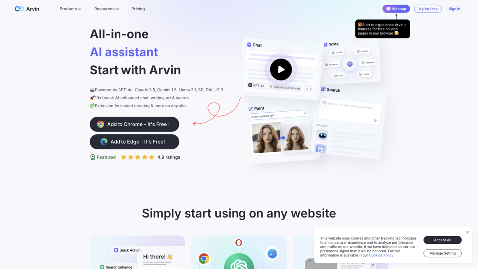 Arvin AI - Best ChatGPT Chrome Extension Powered by GPT-4o site's screenshot