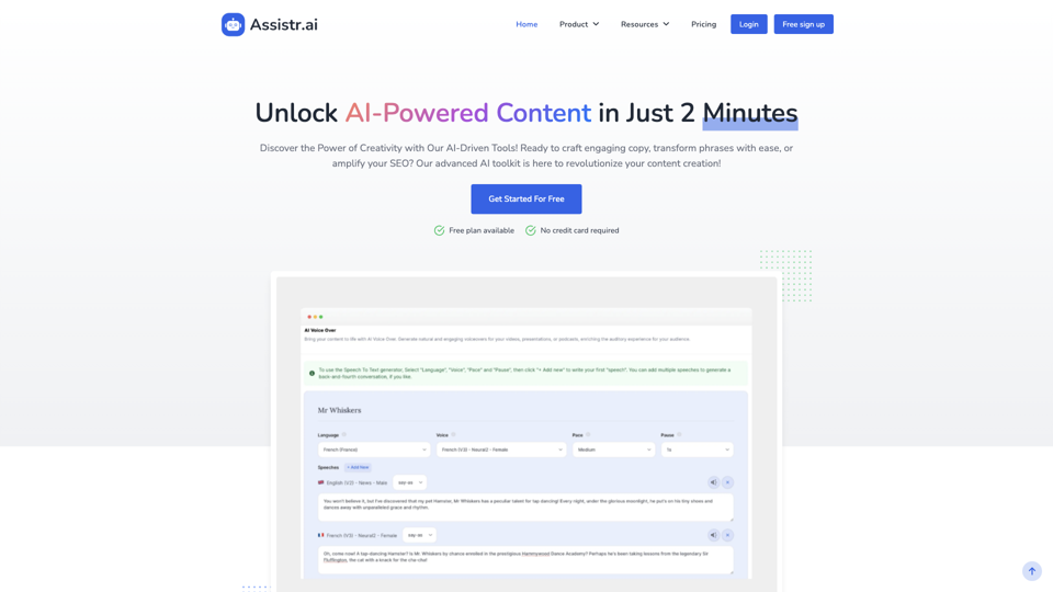 Assistr.ai - Powerful Free Content Creation, Copywriting & Paraphrasing AI Tools site's screenshot