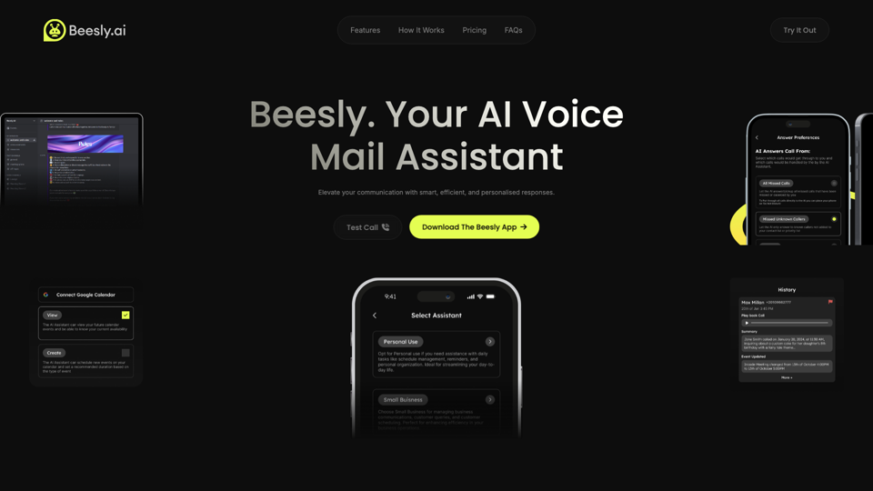Beesly AI | Revolutionize Your Voicemail with AI-Powered Assistant site's screenshot