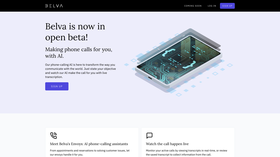 Belva - Make phone calls with AI site's screenshot