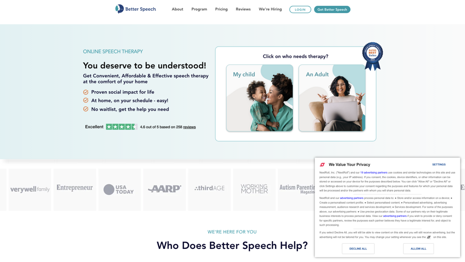 Better Speech Online Speech Therapy  | Get Started Today site's screenshot