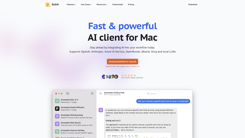BoltAI • Native, high-performance AI app for Mac site's screenshot