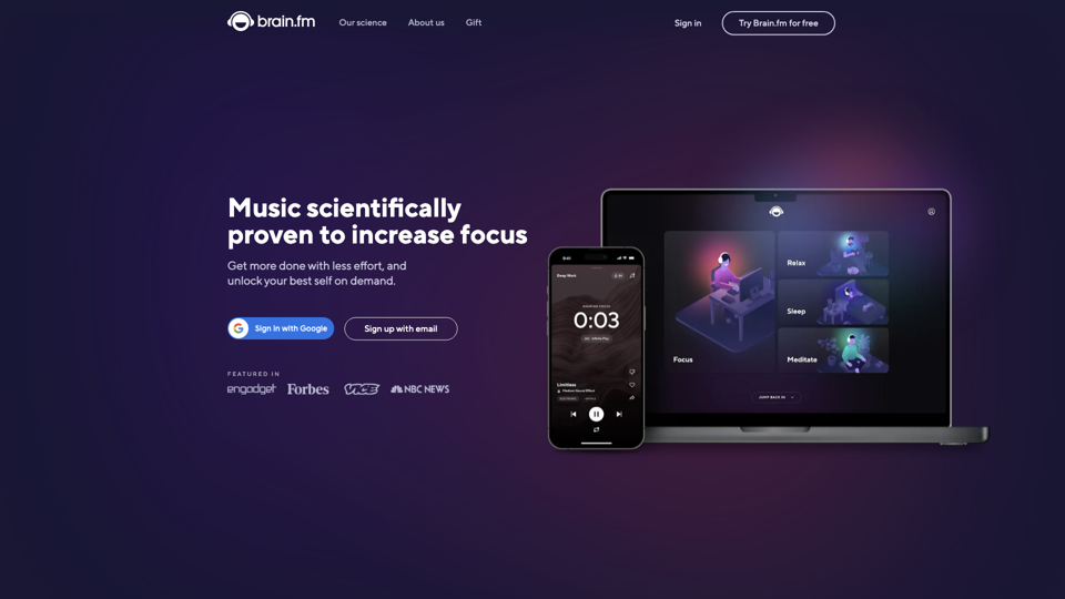 Music to Focus Better - Brain.fm site's screenshot