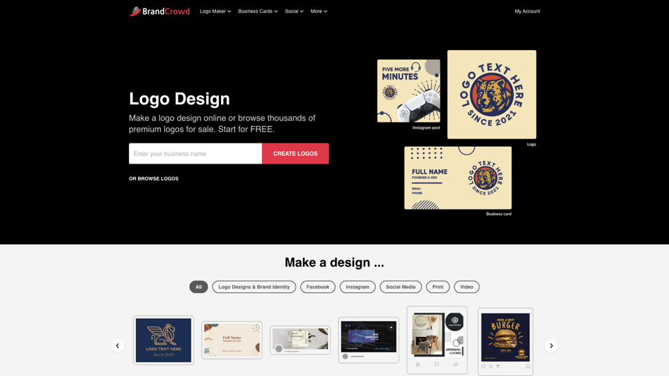 Make Logos, Business Cards, Social Designs and More | BrandCrowd site's screenshot