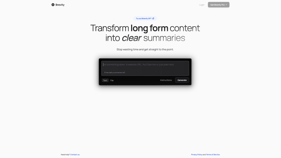 Brevity | Transform long form content into clear summaries site's screenshot