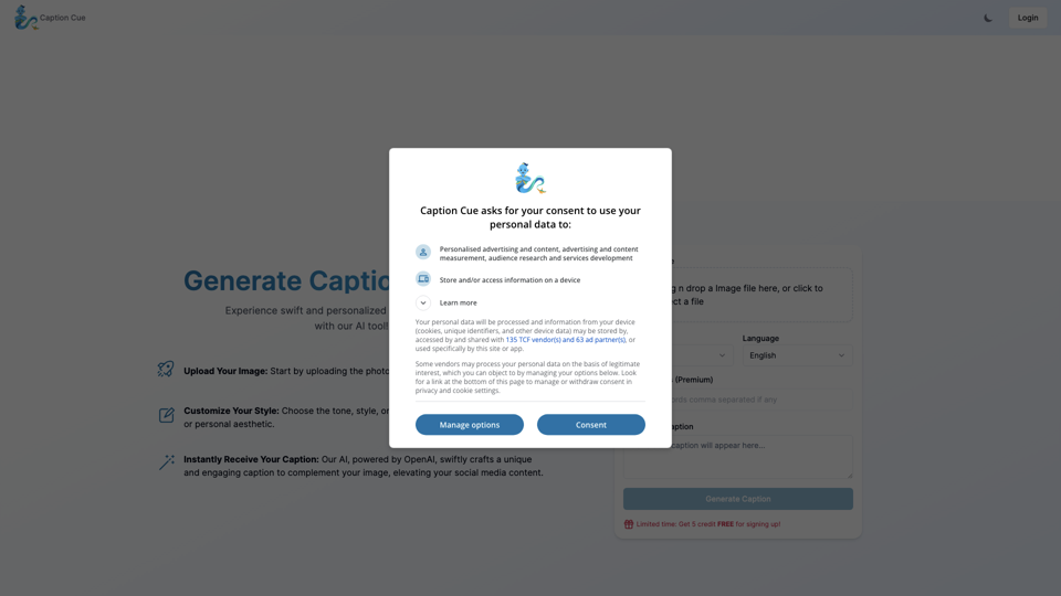 Caption Cue | Instantly Craft Captivating Captions for Social Media site's screenshot