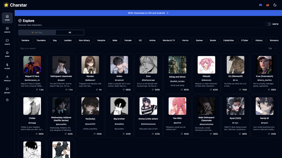 Charstar: Chat with virtual AI characters site's screenshot