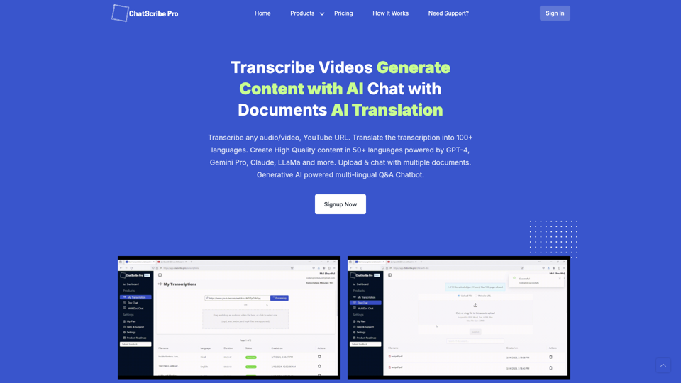 Best Transcription, Translation and Chat Service - ChatScribe Pro site's screenshot