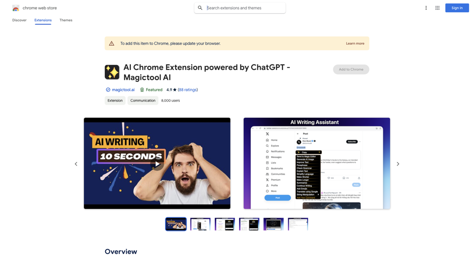 AI Chrome Extension powered by ChatGPT - Magictool AI - Chrome Web Store site's screenshot