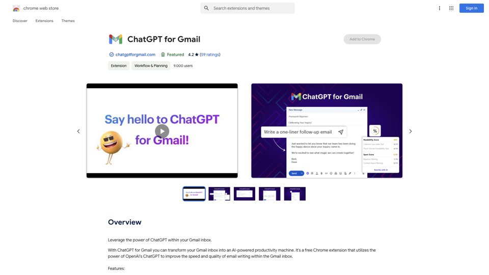 ChatGPT for Gmail - Chrome Web Store site's screenshot