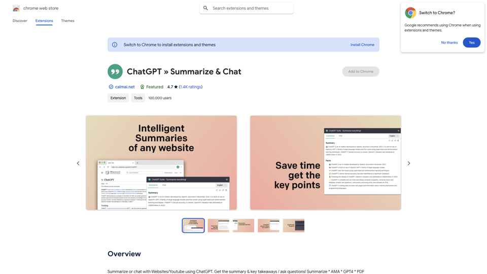 ChatGPT » Summarize & Chat - Chrome Web Store site's screenshot