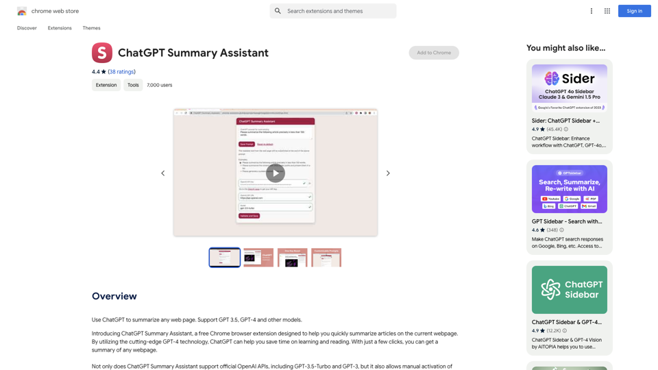 ChatGPT Summary Assistant - Chrome Web Store site's screenshot
