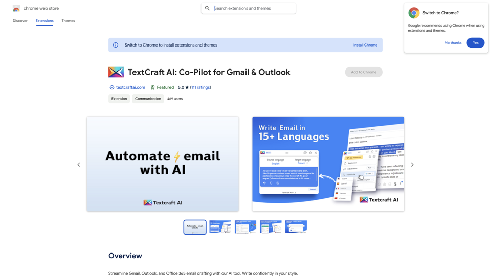 TextCraft AI: Co-Pilot for Gmail & Outlook - Chrome Web Store site's screenshot