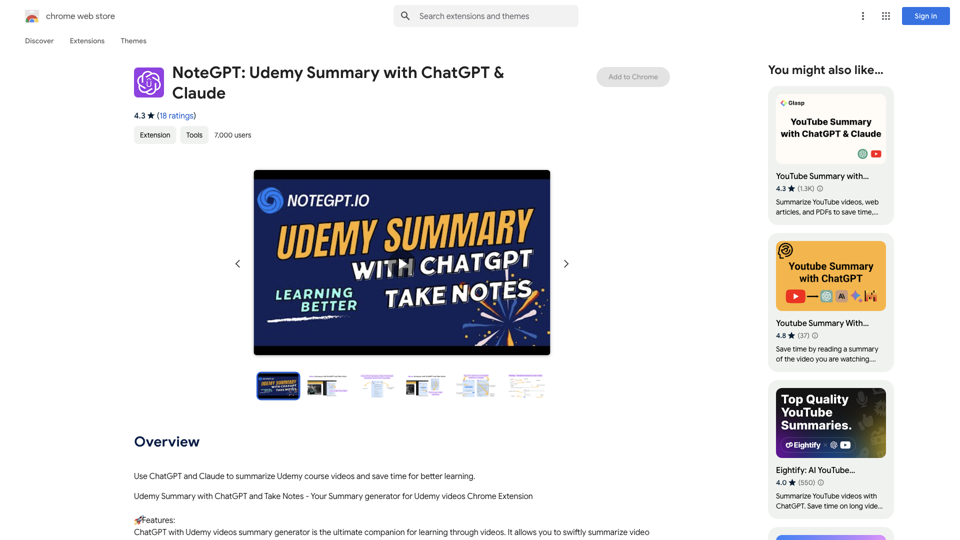 NoteGPT: Udemy Summary with ChatGPT & Claude - Chrome Web Store site's screenshot