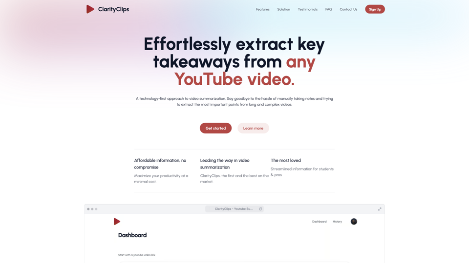 ClarityClips #1 - Youtube Summarizer site's screenshot