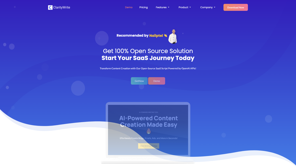 Clarity Write | Transform Content Creation with Our Open-Source SaaS Script | Start Your SaaS Journey Today site's screenshot