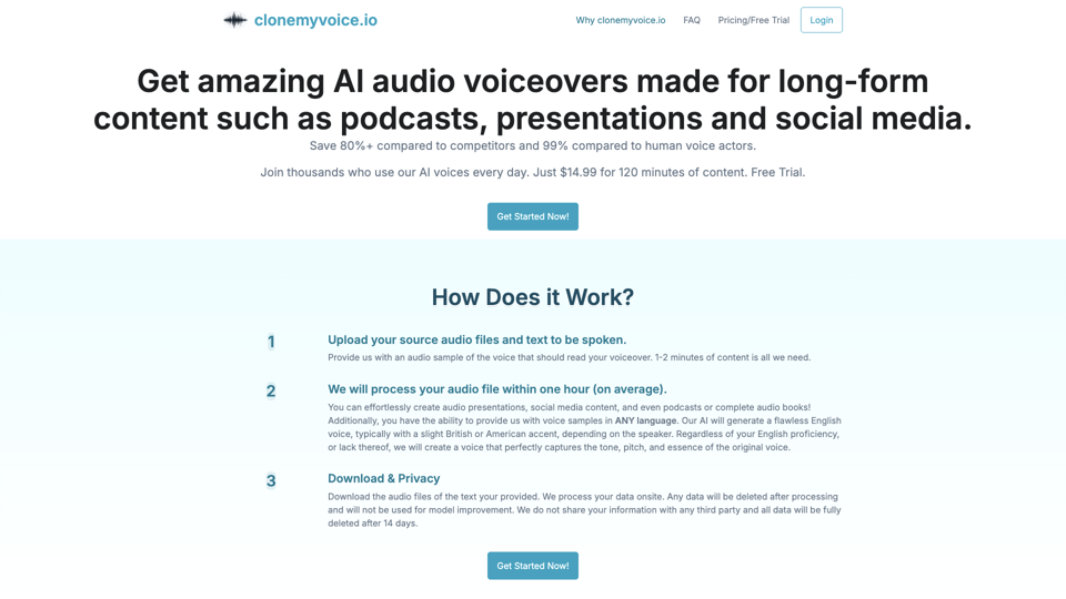 Get amazing AI audio voiceovers made for long-form content such as podcasts, presentations and social media. | clonemyvoice.io site's screenshot