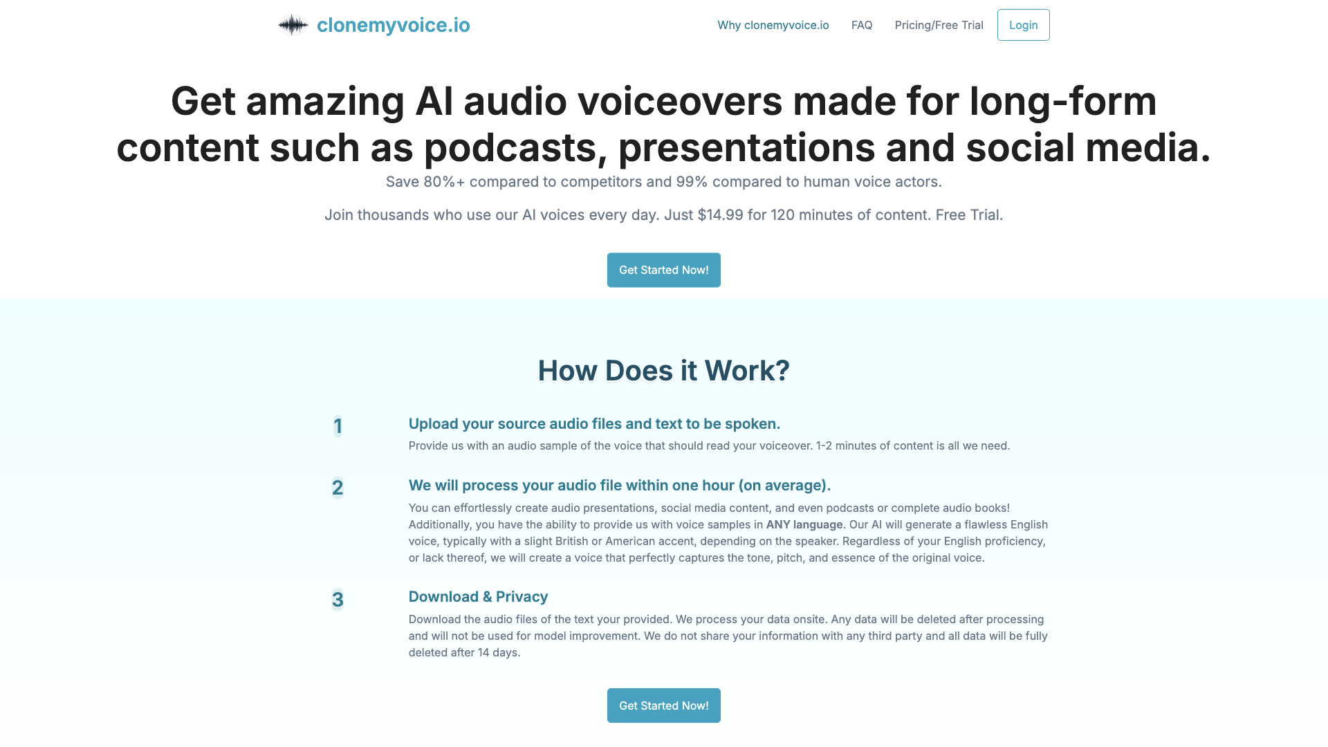 Get amazing AI audio voiceovers made for long-form content such as podcasts, presentations and social media. | clonemyvoice.io